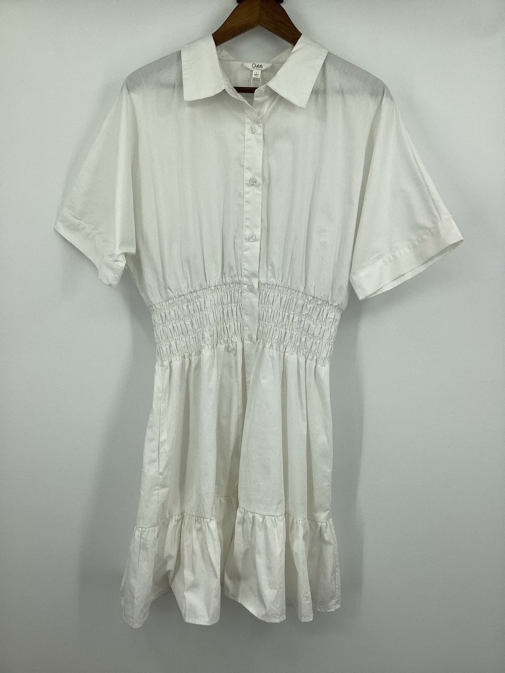 White Short Sleeve Mini Shirt Dress with Smocked Waist - Picture 2 of 12